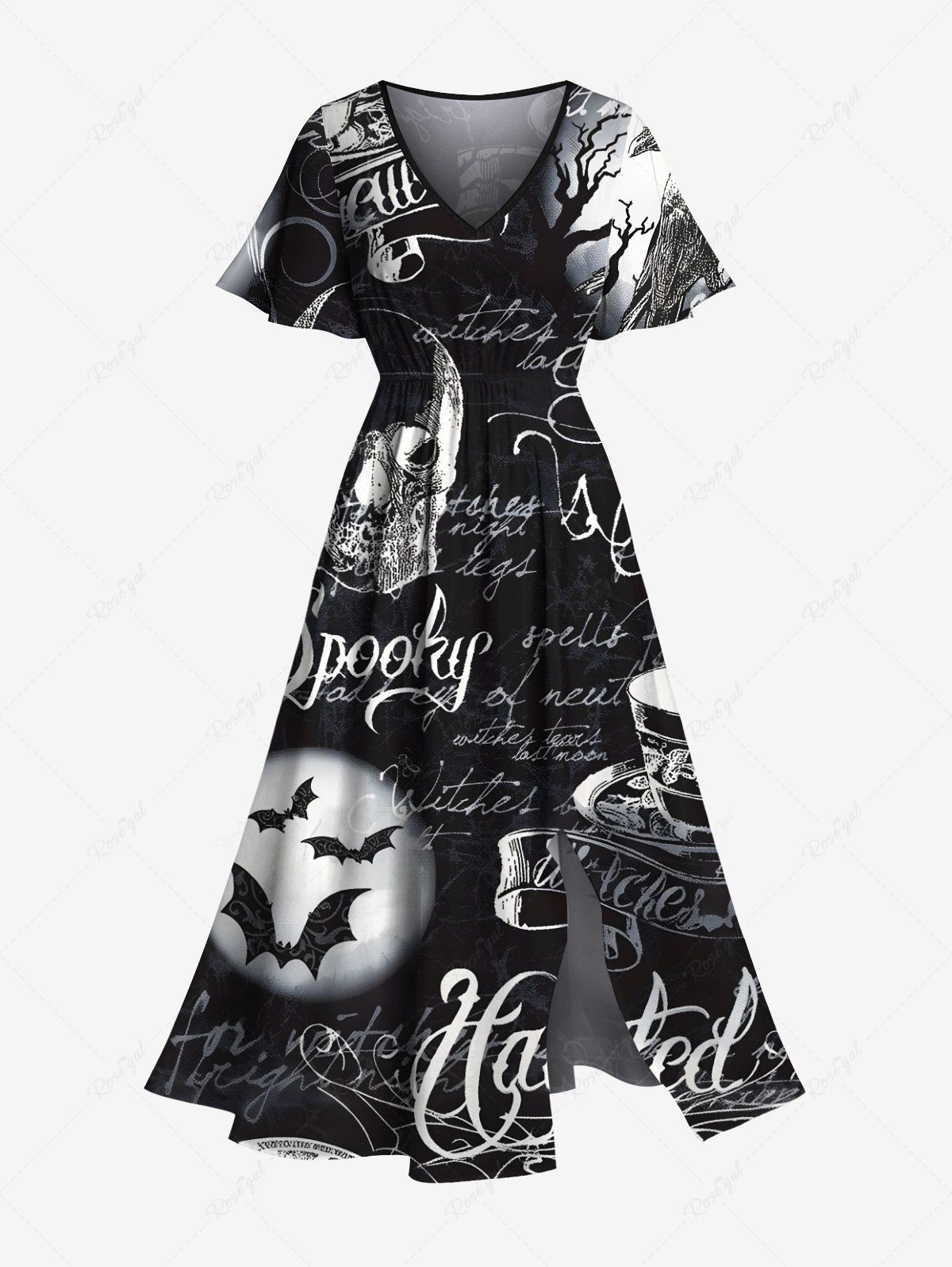 Discount Plus Size Skull Bat Letters Moon Print Halloween Split Pocket A Line Midi Dress  