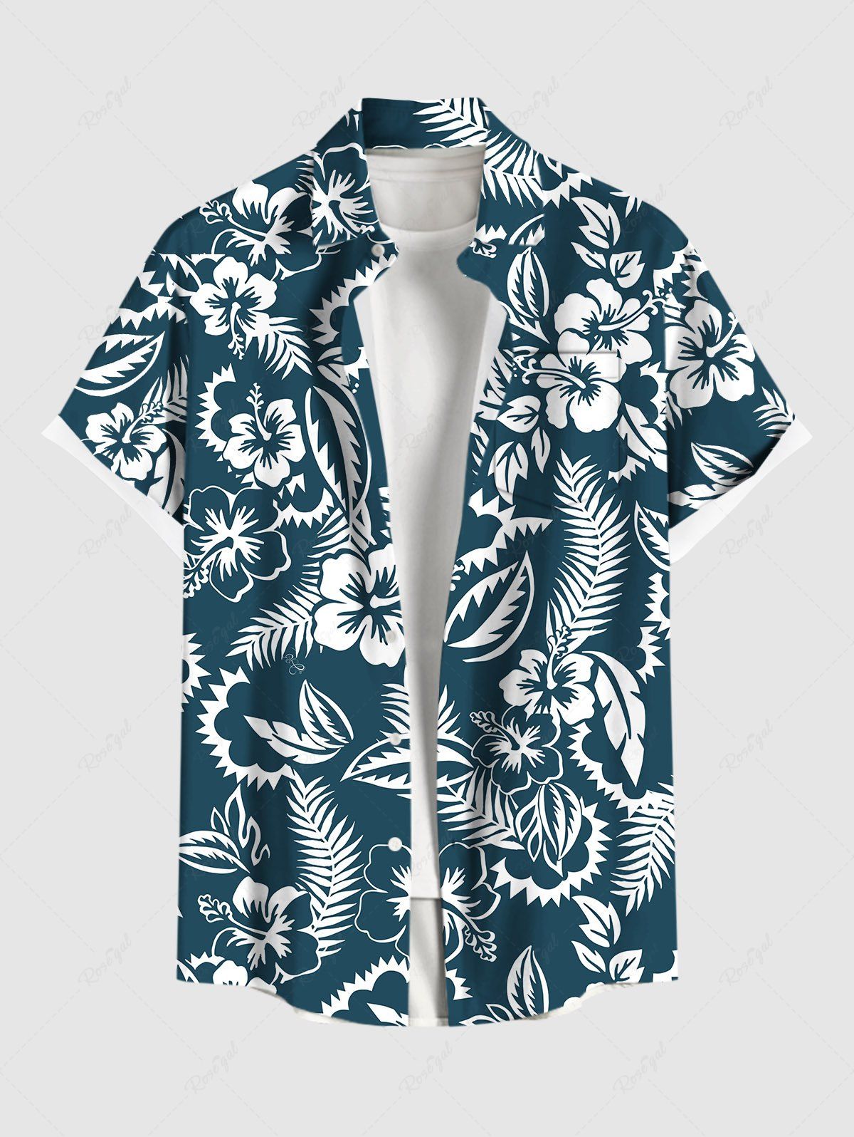 Chemise hawaïenne grande taille à imprimé feuilles tropicales et fleurs d'hibiscus, avec poches et boutons, pour homme Paon Bleu 3XL