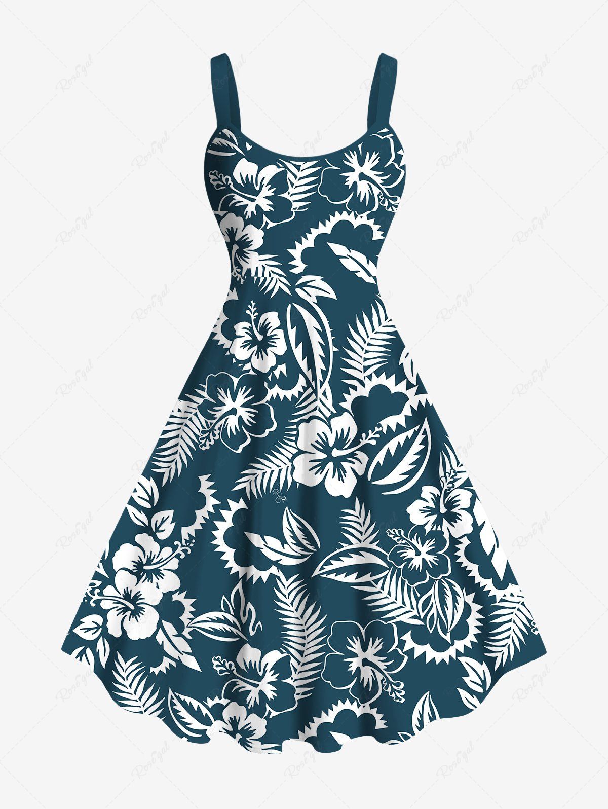 Robe débardeur hawaïenne grande taille à imprimé feuilles tropicales et fleurs d'hibiscus Bleu Marine XXS