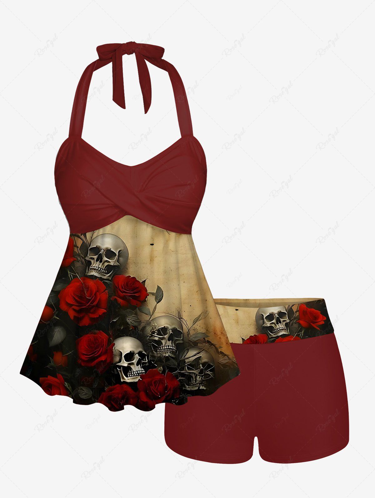 Store Distressed Skull Rose Flower Print Halloween Twist Halter Backless Boyleg Tankini Swimsuit  