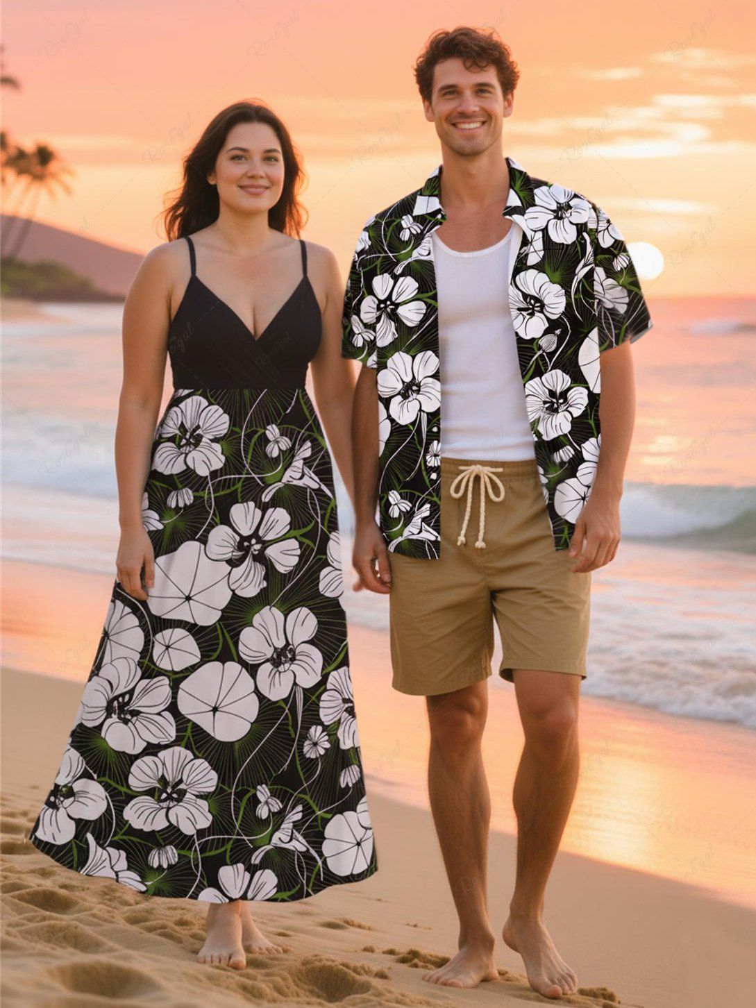 Store Flowers Leaf Print Plus Size Matching Hawaii Beach Outfit For Couples  
