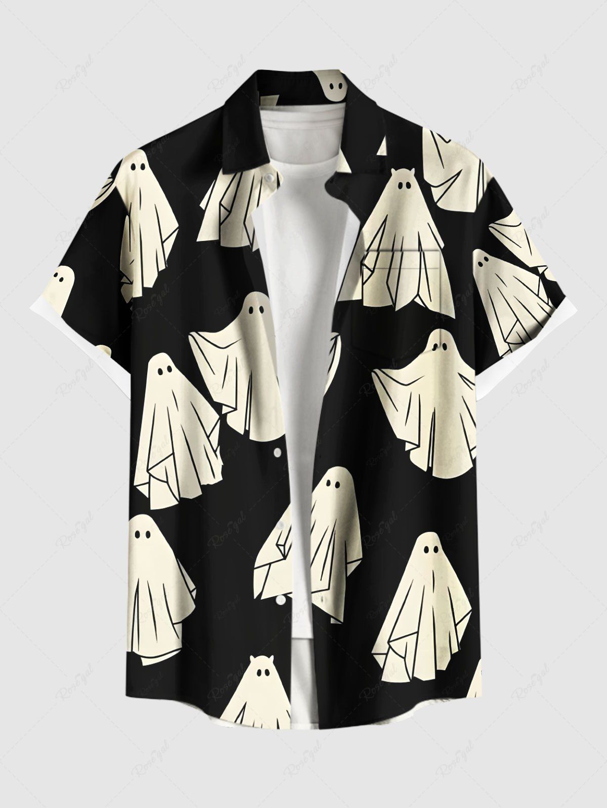 Chemise à boutons et poches grande taille pour homme, imprimé fantôme d'Halloween Noir XL