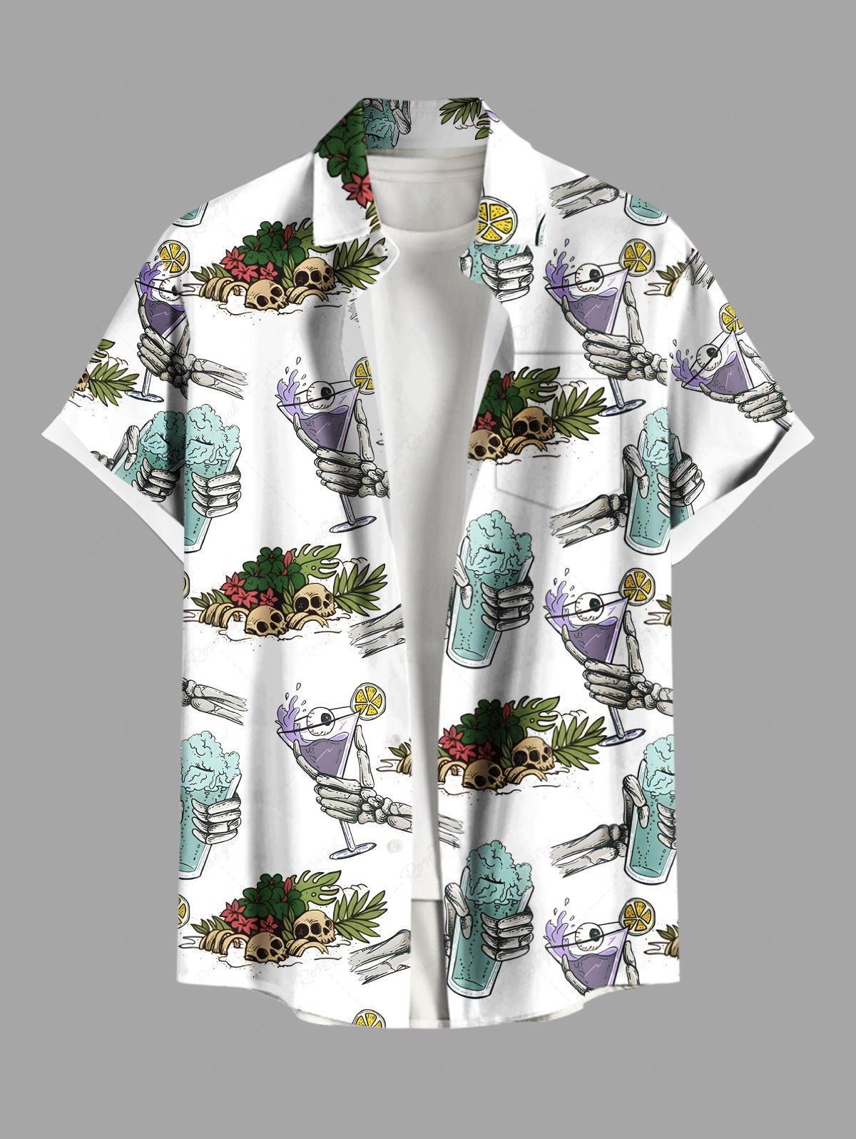 Chemise hawaïenne grande taille pour homme, motif crânes, squelette, griffes, fleurs, feuilles, jus de fruits, boutons, poche Blanc 3XL