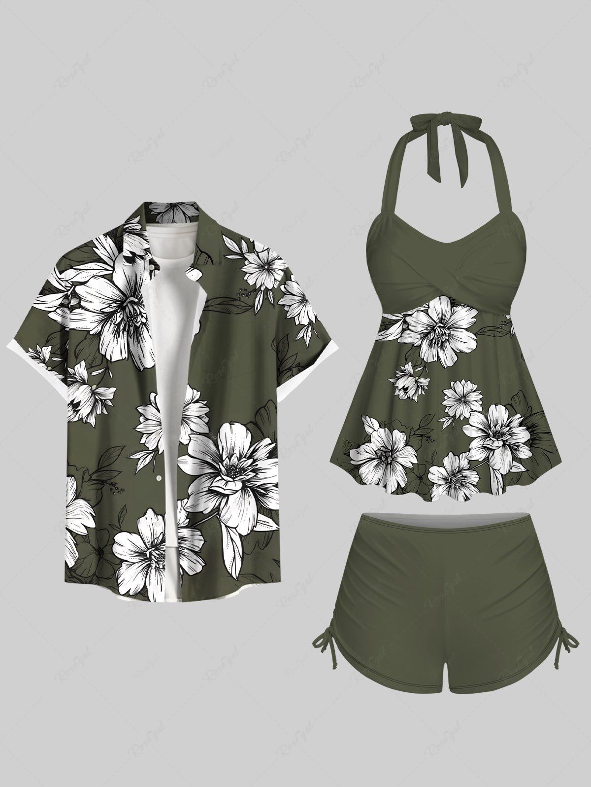 Tenue de plage hawaïenne assortie grande taille à imprimé fleurs et feuilles pour couples Vert Armée  
