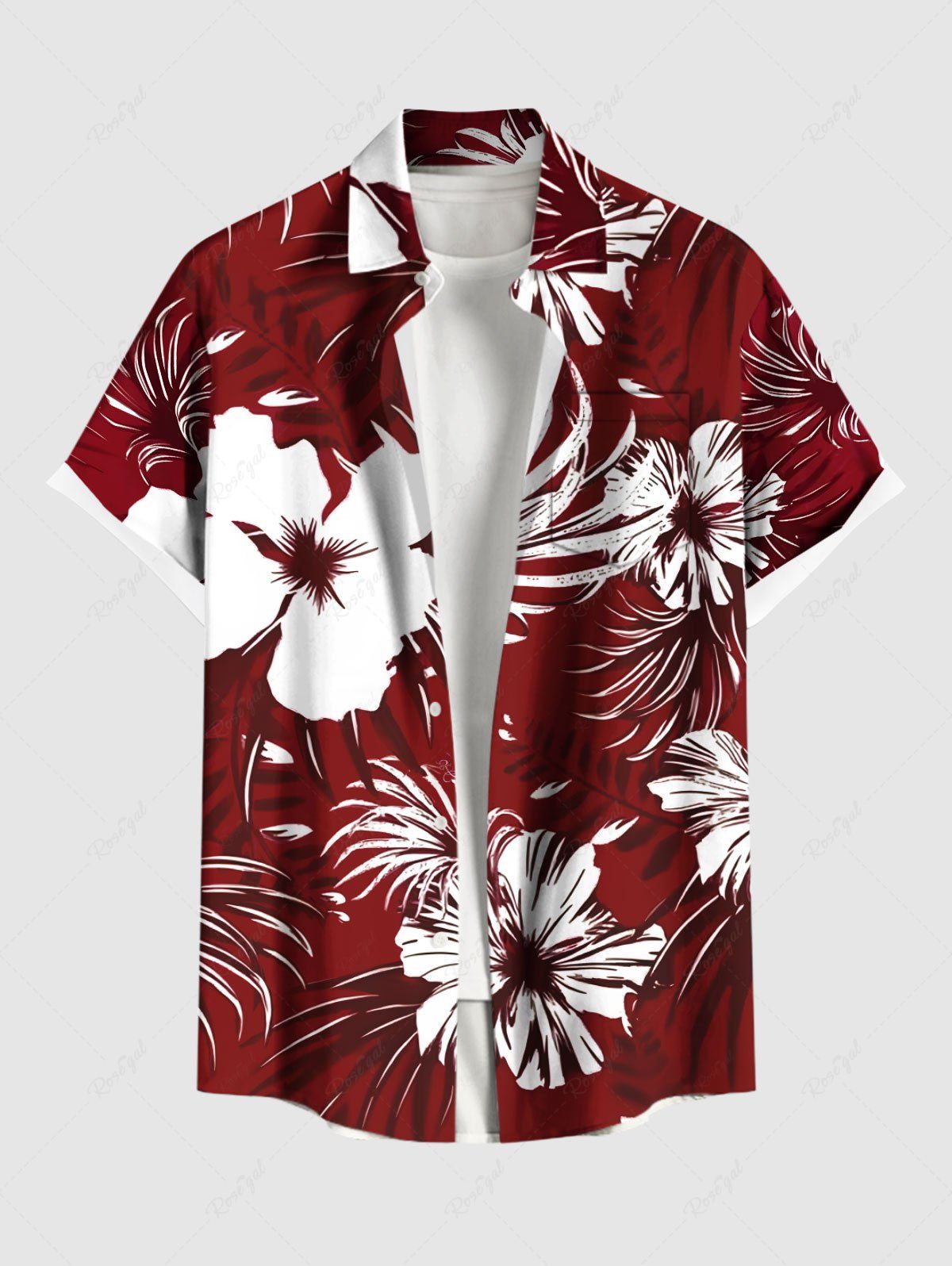 Hot Plus Size Hibiscus Flower Tropical Leaf Print Buttons Pocket Hawaii Shirt For Men  