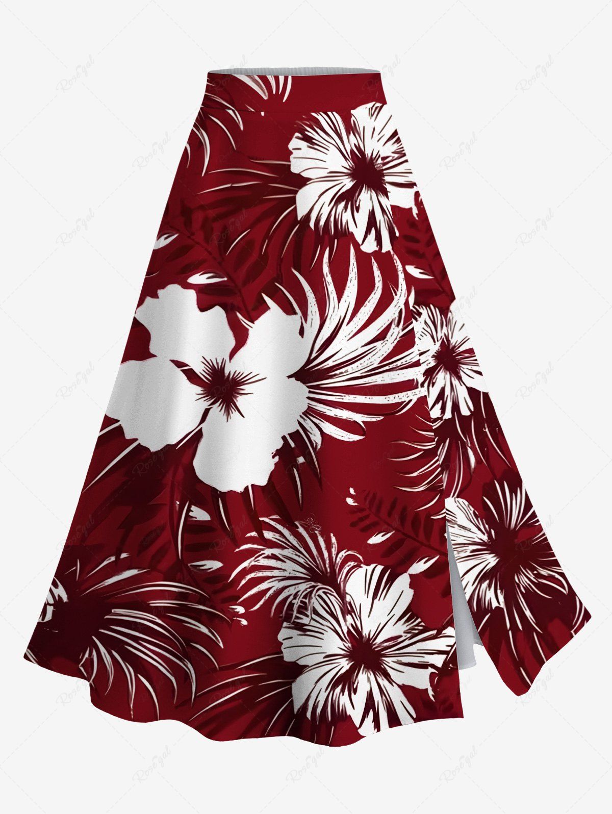 Outfits Plus Size Hibiscus Flower Tropical Leaf Print Split Hawaii Skirt  