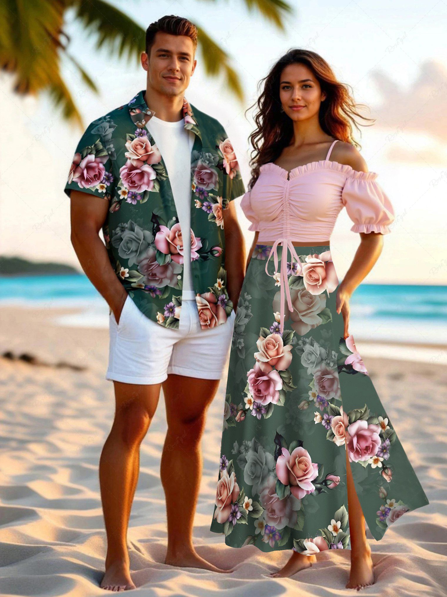 Unique Ombre Flower Leaf Print Plus Size Matching Hawaii Beach Outfit For Couples  