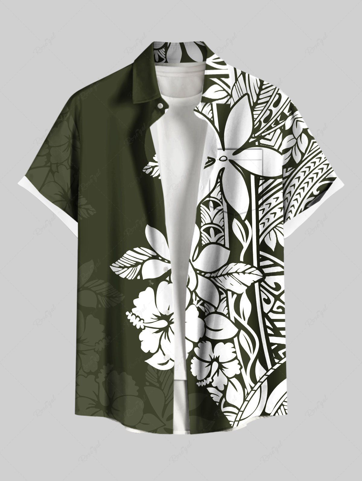 Discount Plus Size Hibiscus Flowers Leaf Print Buttons Pocket Hawaii Shirt For Men  