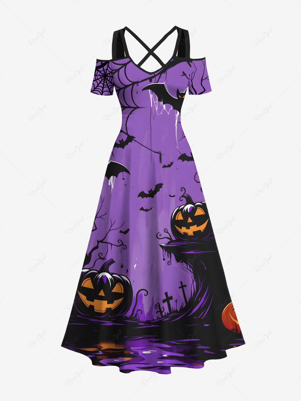 Robe longue croisée à épaules dénudées et imprimé citrouille, chauve-souris et toile d'araignée, grande taille, pour Halloween Pourpre  6X