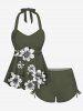 Tenue de plage hawaïenne assortie grande taille à imprimé fleurs et feuilles pour couples - Vert Armée  