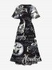 Plus Size Skull Bat Letters Moon Print Halloween Split Pocket A Line Midi Dress -  