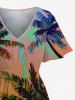 Plus Size Coconut Tree Ombre Print Hawaii Split Pocket A Line Midi Dress -  
