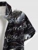 Plus Size Skull Bat Letters Moon Print Halloween Button Pocket Shirt For Men -  