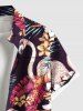 Plus Size Tropical Leaf Hibiscus Flower Flamingo Print Hawaii Button Pocket Shirt For Men -  