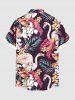 Plus Size Tropical Leaf Hibiscus Flower Flamingo Print Hawaii Button Pocket Shirt For Men -  
