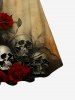 Distressed Skull Rose Flower Print Halloween Twist Halter Backless Boyleg Tankini Swimsuit -  