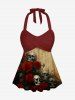 Distressed Skull Rose Flower Print Halloween Twist Halter Backless Boyleg Tankini Swimsuit -  