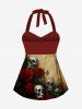 Distressed Skull Rose Flower Print Halloween Twist Halter Backless Boyleg Tankini Swimsuit -  