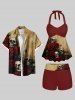 Distressed Skull Rose Flower Print Halloween Twist Halter Backless Boyleg Tankini Swimsuit -  
