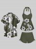 Ensemble tankini hawaïen grande taille à imprimé fleurs et feuilles, dos nu, froncé, cintré, coupe garçonne - Vert Armée  XS
