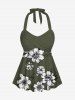 Plus Size Flowers Leaf Print Halter Ruched Cinched Boyleg Hawaii Tankini Set -  