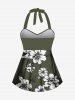 Plus Size Flowers Leaf Print Halter Ruched Cinched Boyleg Hawaii Tankini Set -  
