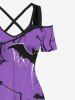 Plus Size Halloween Pumpkin Bat Spider Web Cross Print Cold Shoulder Crisscross Maxi Dress -  