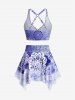 Maillot de bain tankini trois pièces grande taille à imprimé ethnique ombré, rembourré et à anneaux en O. - Bleu profond M | US 10