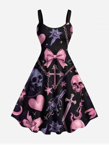 Plus Size Halloween Skulls Heart Bowknot Star Chains Print Tank Dress - BLACK - 1X