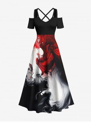 Plus Size Ombre Ink Painting Print Cold Shoulder Crisscross Hawaii Maxi Dress - BLACK - XXS