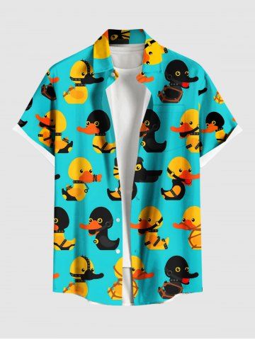 Plus Size Ducks Print Buttons Pocket Hawaii Shirt For Men - GREEN - L