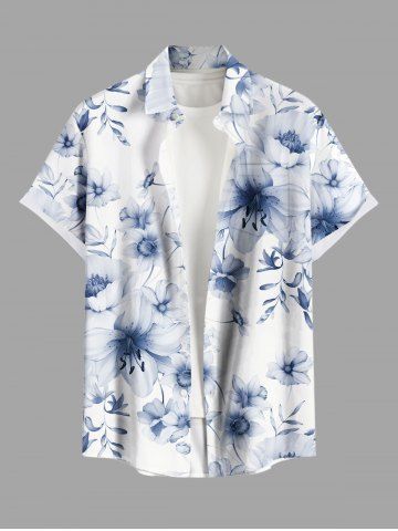 Plus Size Flowers Leaf Print Buttons Pocket Hawaii Shirt For Men - WHITE - XL