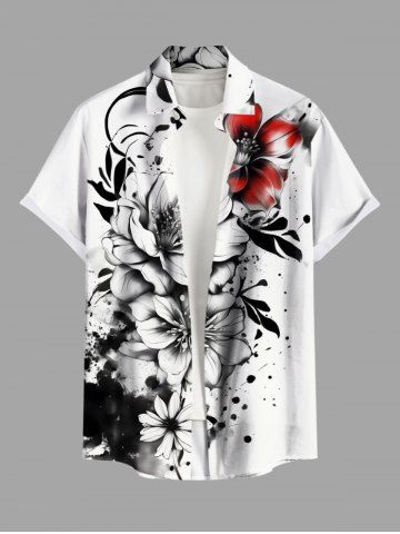 Plus Size Flowers Ink Painting Splatter Print Buttons Pocket Hawaii Shirt For Men - WHITE - 6XL