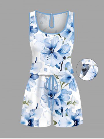 Plus Size Flowers Watercolor Print Cinched Hawaii Romper - WHITE - S