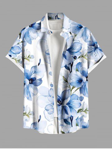 Plus Size Flowers Watercolor Print Buttons Pocket Hawaii Shirt For Men - WHITE - XL
