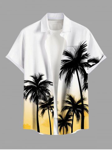 Plus Size Coconut Tree Ombre Print Buttons Pocket Hawaii Shirt For Men - WHITE - M