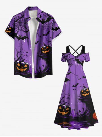 Halloween Pumpkin Bat Spider Web Cross Print Plus Size Matching Outfit For Couples - PURPLE