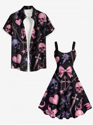 Halloween Skulls Heart Bowknot Star Chains Print Plus Size Matching Outfit For Couples
