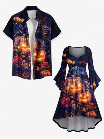 Halloween Pumpkin Lantern Crow Rose Flower Print Plus Size Matching Outfit For Couples - BLACK