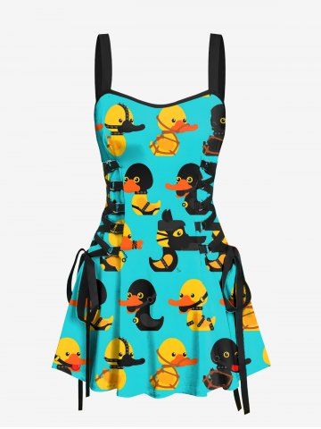 Ducks Print Lace Up Tank Dress - JADE GREEN - L
