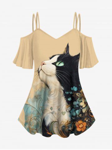 Plus Size Cat Flower Printed Cold Shoulder Women Cami T-shirt - APRICOT - XS
