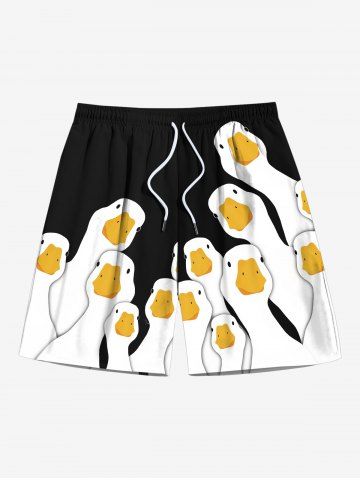 Plus Size Cute Goose Print Hawaii Drawstring Beach Shorts For Men - BLACK - 8XL