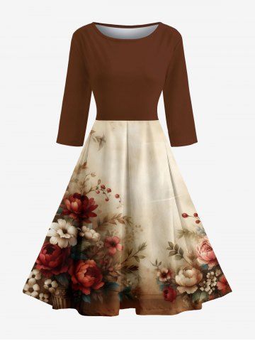 Flower Leaf Branch Print Hawaii Ombre 50's Vintage A Line Dress - BROWN - 4XL