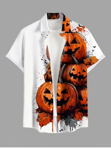Plus Size Halloween Pumpkin Leaf Paint Splatter Print Buttons Pocket Shirt For Men - WHITE - 6XL