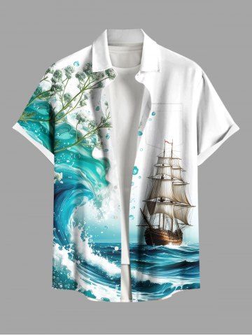 Plus Size Sea Waves Sailboat Flower Branch Print Hawaii Cruise Button Pocket Shirt For Men - WHITE - 2XL