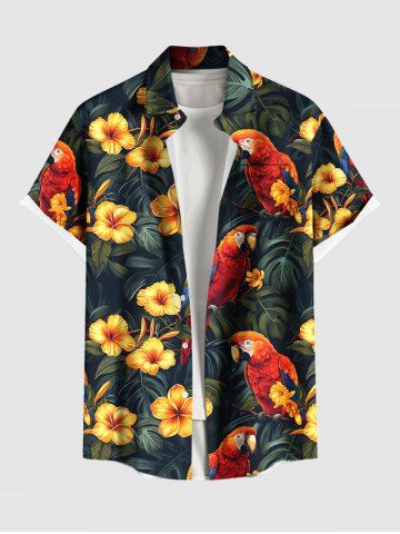 Plus Size Tropical Leaf Hibiscus Flower Parrot Print Hawaii Button Pocket Shirt For Men - BLACK - 5XL