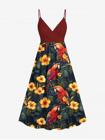 Plus Size Tropical Leaf Hibiscus Flower Parrot Print Hawaii Surplice A Line Cami Dress - RED - 6X