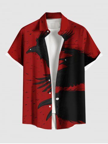Plus Size Ink Painting Crow Print Halloween Button Pocket Shirt For Men - RED - M
