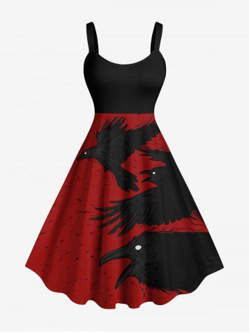 Plus Size Ink Painting Crow Print Halloween A Line Tank Dress - RED - 4X