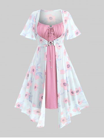 Ensemble robe fleurie à manches papillon grande taille et robe débardeur trapèze à lacets - PINK - 2X | US 18-20